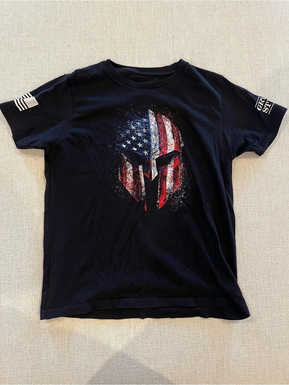 Grunt Style Black Kids Tee with American Flag Spartan Graphic